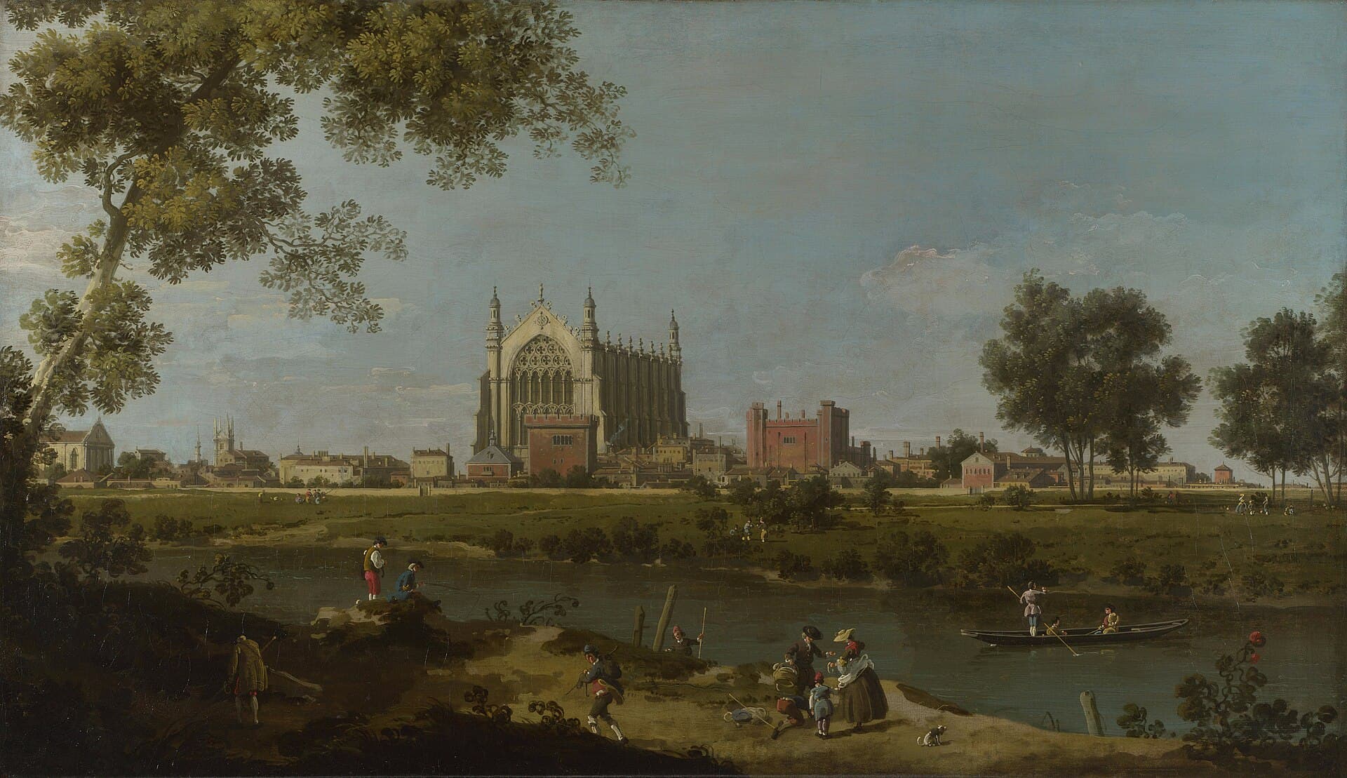 Eton College Chapel by Canaletto, around 1754. A wide river landscape under a vast sky.