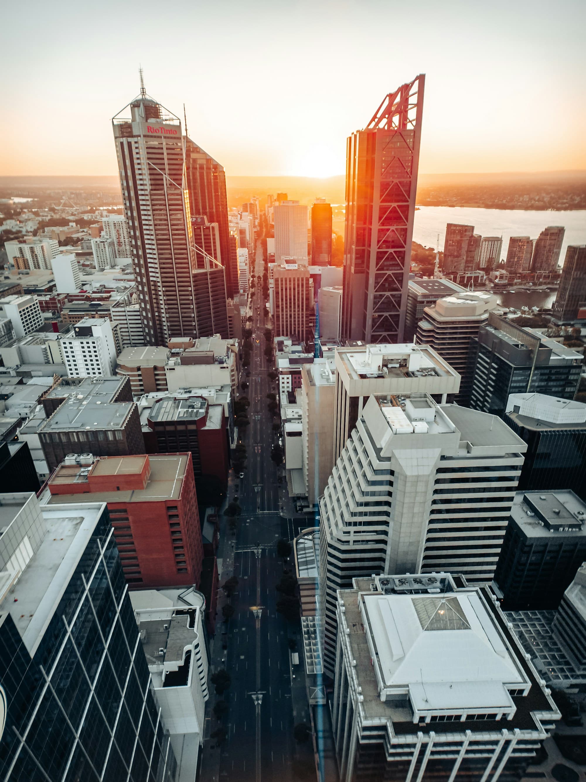 Aerial view over central Perth at sunset.