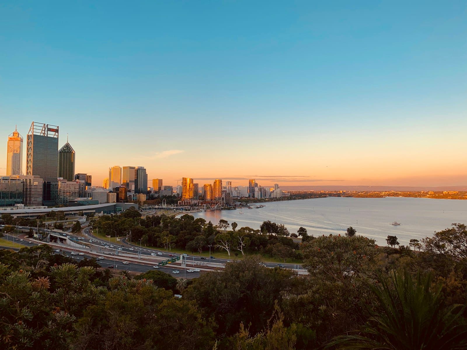 Perth skyline at sunset seen from Kings Park